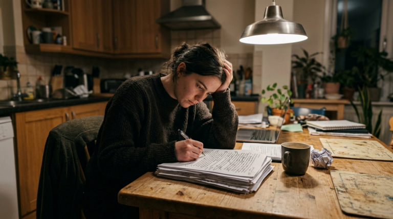 The Turning-Point Essay: How to Answer Common App Prompt 5 A young woman in a dark sweater leans over a cluttered wooden dining table strewn with sheets of handwritten notes and a laptop. Warm light from a hanging pendant lamp casts a soft glow, illuminating potted plants in the background, creating a cozy atmosphere.