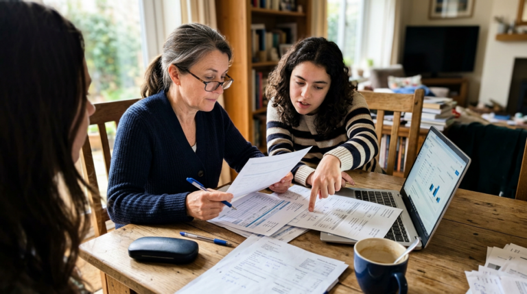A woman with gray hair, wearing glasses and a navy cardigan, examines documents while seated at a rustic wooden table. Beside her, a younger woman in a striped sweater points at a financial report, both engaged in discussion. A laptop displays graphs, surrounded by scattered papers and a steaming blue mug.