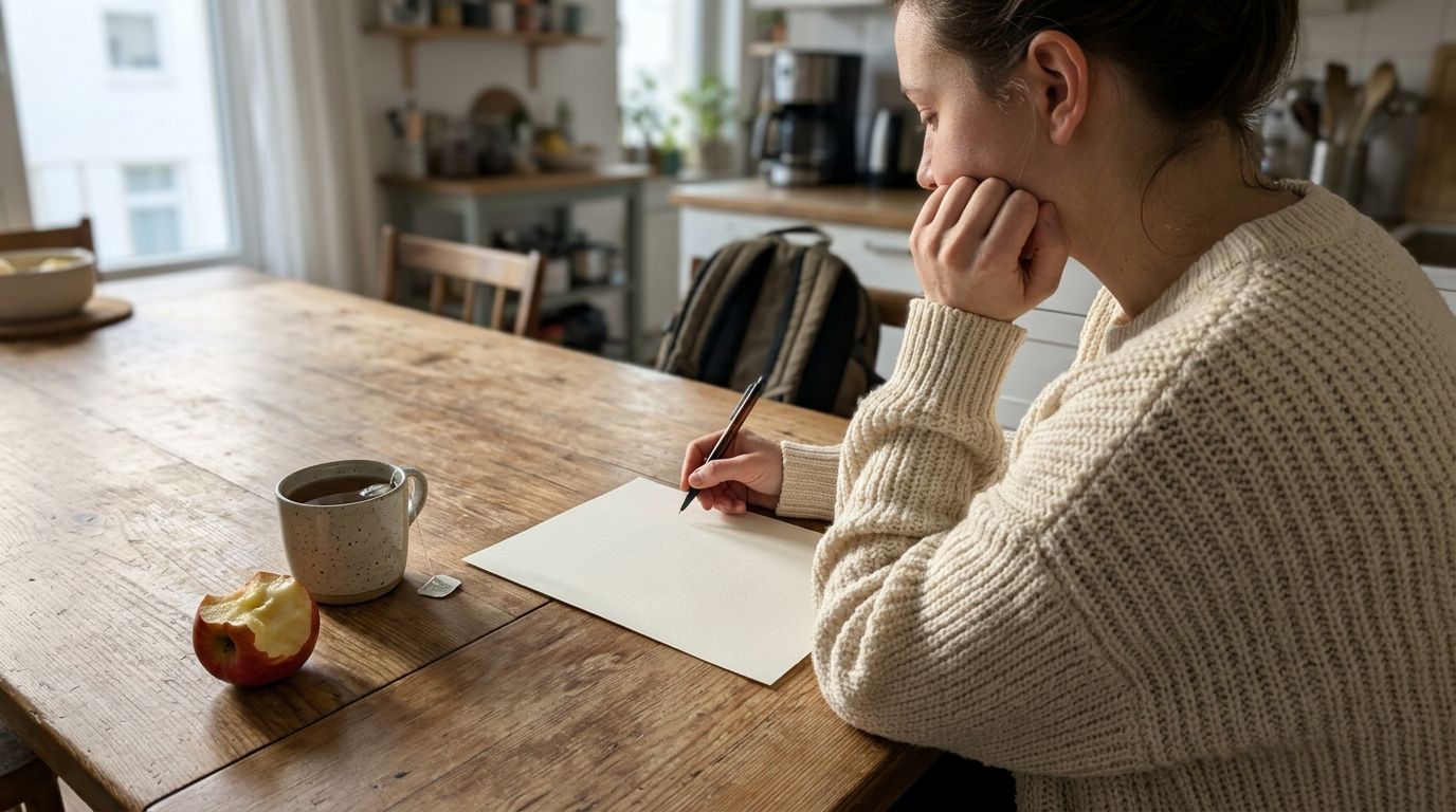 A woman in a chunky beige sweater sits at a rustic wooden table, writing on a blank sheet of paper with a pen. A speckled mug, tea bag, and a partly eaten apple rest in the foreground, while a softly lit kitchen with shelves, chairs, and a backpack recedes behind her.