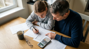 Will Applying for Financial Aid Impact Early Decision Acceptances? A father and daughter sit closely at a wooden dining table, focusing intently on various documents and a calculator. The daughter, in a gray hoodie, writes on a sheet of paper, while the father gestures towards figures on the page. A simple gray mug rests nearby, and a pair of glasses lies on the table, enhancing the studious atmosphere.