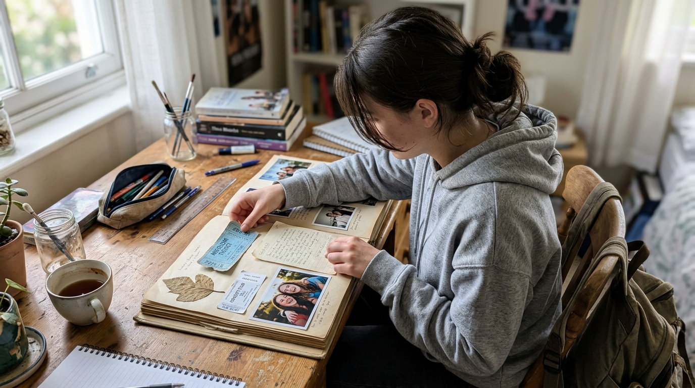 A young woman in a soft gray hoodie sits at a rustic wooden table, carefully arranging photographs and notes in a scrapbook. Sunlight filters through the window, illuminating her workspace filled with art supplies, a steaming cup of tea, and scattered memories among the natural wood tones.