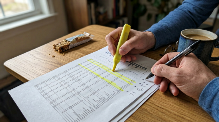 A close-up view of a wooden table where a person writes notes on a printed spreadsheet, using a black pen and a bright yellow highlighter. Nearby, a cozy blue mug of coffee sits next to an open granola bar, offering a warm, inviting workspace filled with natural light.