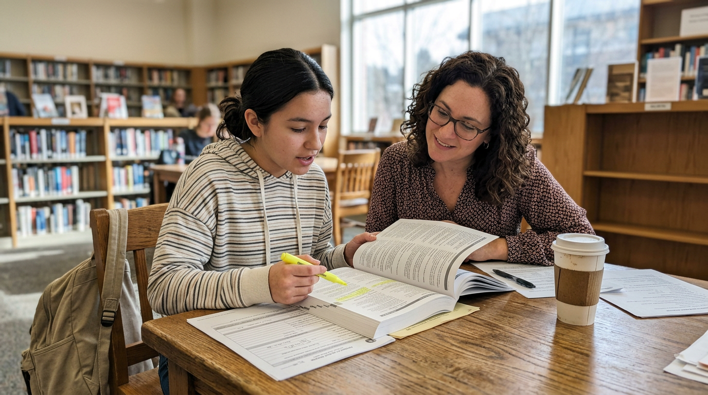 In a well-lit library, a young woman in a striped hoodie sits at a wooden table, highlighting a passage in an open textbook. Next to her, a smiling woman with curly brown hair, wearing glasses, points at the page. A takeaway coffee sits nearby, complementing the focused study atmosphere.