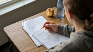 A close-up view of a student sitting at a wooden desk, holding a yellow pencil poised over lined notebook paper filled with math problems. Beside the notebook, a red apple with a bite taken out rests next to a clear water bottle, illuminated by soft natural light streaming through a window.