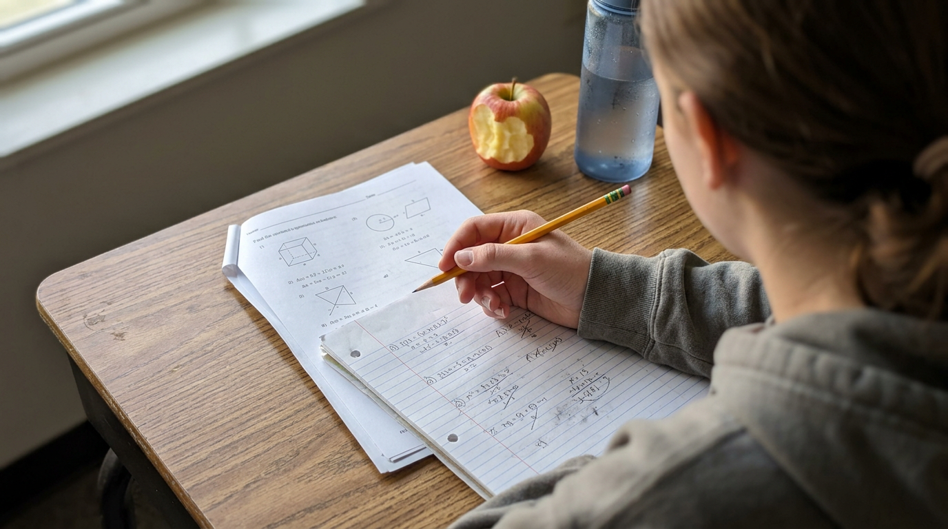 A close-up view of a student sitting at a wooden desk, holding a yellow pencil poised over lined notebook paper filled with math problems. Beside the notebook, a red apple with a bite taken out rests next to a clear water bottle, illuminated by soft natural light streaming through a window.