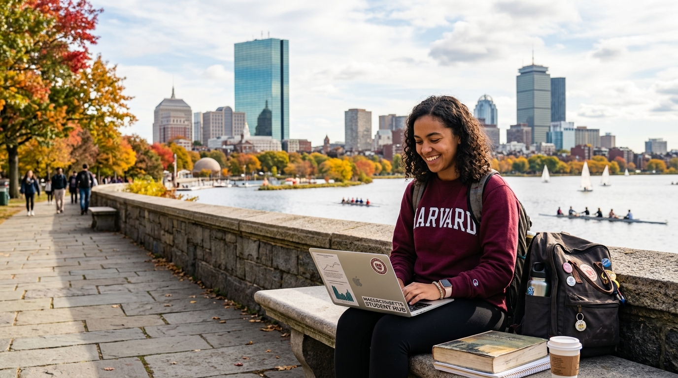 a girl with harvard hoodie sitting on a laptop by the river and smiling
