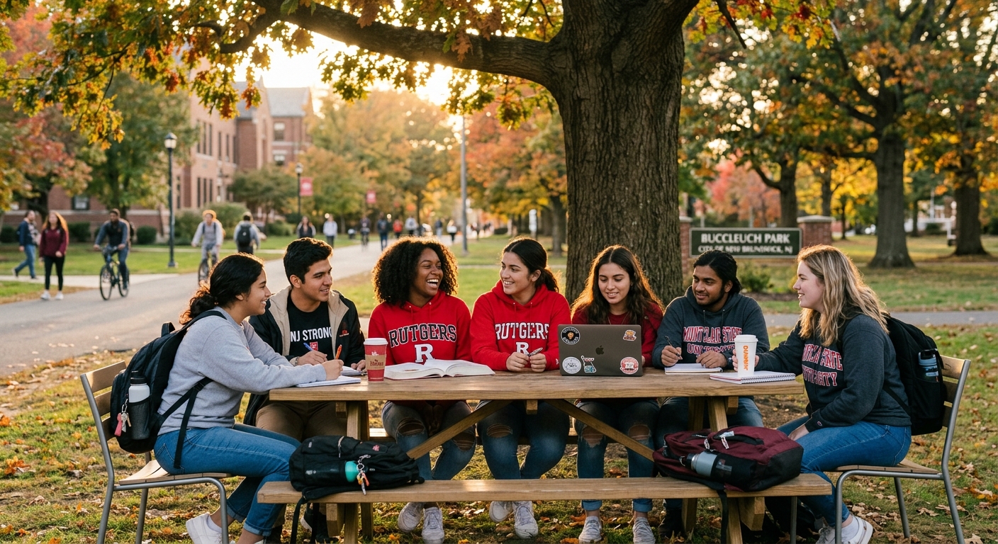 Six college students sit around a picnic table under a large tree in Buccleuch Park, one using a laptop while others talk beside backpacks and bikes. Warm autumn light filters through red and gold leaves, giving the campus scene a relaxed, social feel.