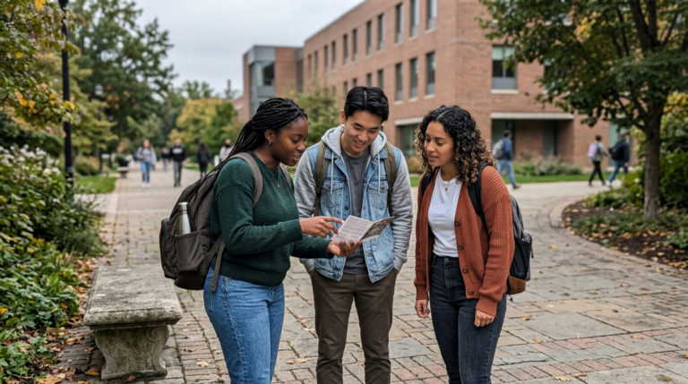 Three college students stand together on a brick campus walkway, studying a folded paper map or handout. One woman in a green sweater, one man in a denim jacket, and another woman in a rust cardigan carry backpacks, with trees and a brick academic building stretching behind them under soft overcast light.