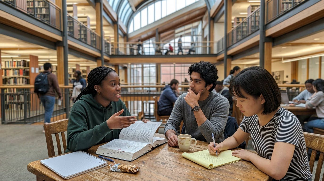 Three students sit at a worn wooden table in a bright library atrium, with an open textbook, a laptop, a coffee mug, and a yellow notepad between them. Tall bookshelves, glass railings, and a vaulted skylit ceiling frame the background, creating an airy, studious setting.