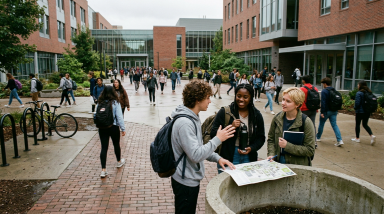 Best STEM Colleges in New Jersey Students gather in a brick-and-glass campus courtyard, with three in the foreground studying a large map on a concrete planter. Wet pavement, parked bicycles, and a glass walkway between red-brick buildings frame the scene in soft daylight.