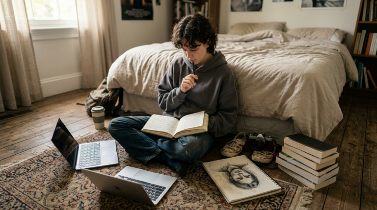 What Makes You, You? How to Answer Common App Prompt 1 A young person sits cross-legged on a patterned rug, reading an open notebook beside two laptops in a softly lit bedroom. A sketchbook, a takeaway coffee cup, shoes, and a stack of books surround the bed, creating a quiet, studious scene in warm beige and wood tones.