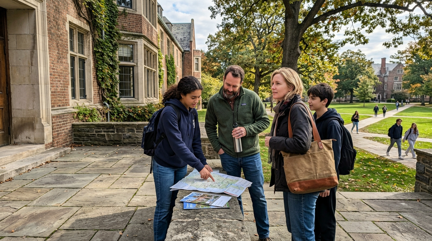 Four people gather around a large campus map on a stone terrace beside an ivy-covered brick building. A woman points to the folded map while the others lean in with a coffee cup, backpack, and tote bag, under soft autumn daylight and green trees in the background.