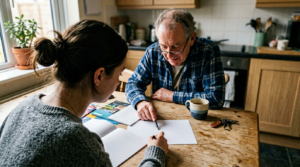 An older man in a blue plaid shirt and a woman with a dark bun sit at a worn wooden kitchen table, reviewing papers and an open notebook. A ceramic mug and a set of keys rest beside them, while soft daylight from the window brightens the warm wood tones and tiled kitchen backdrop.