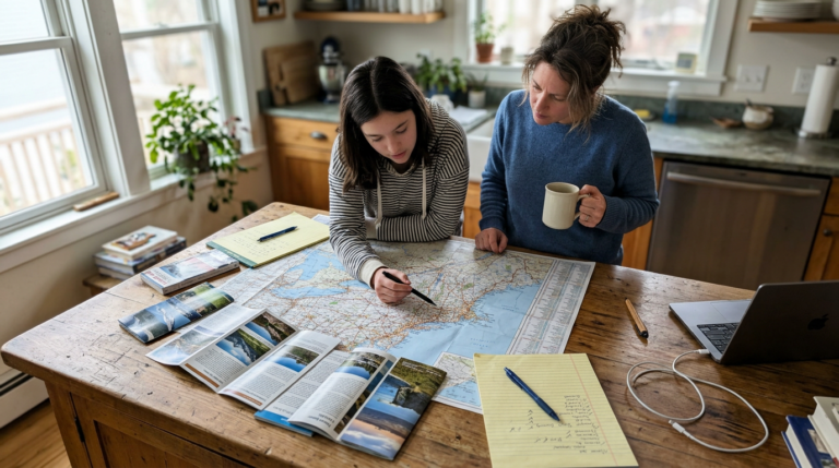 Why Add New Jersey Colleges to Your College List Two women stand over a large paper road map spread across a rustic wooden kitchen island, one tracing a route with a pen while the other holds a white mug. Travel brochures, a notebook, a laptop, and coiled charging cables surround the map, with soft daylight and potted plants giving the room a bright, lived-in feel.