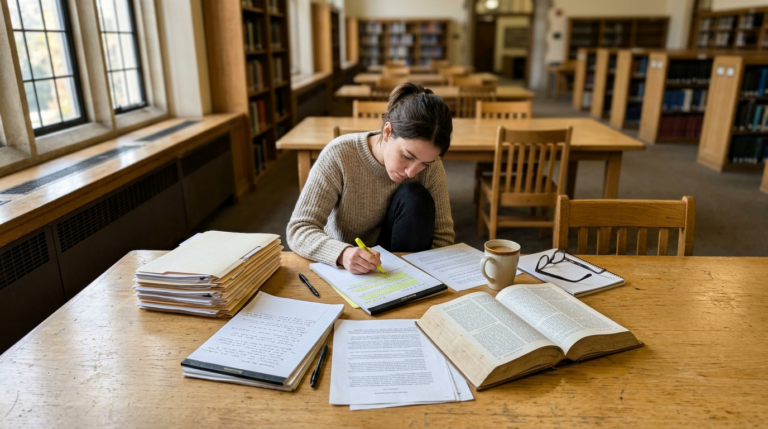 A young woman in a beige sweater studies at a long wooden table in a quiet library, writing in an open notebook beside stacks of papers, an open book, a mug, and eyeglasses. Rows of bookshelves and evenly spaced tables recede into the softly lit background, creating a warm, orderly atmosphere.