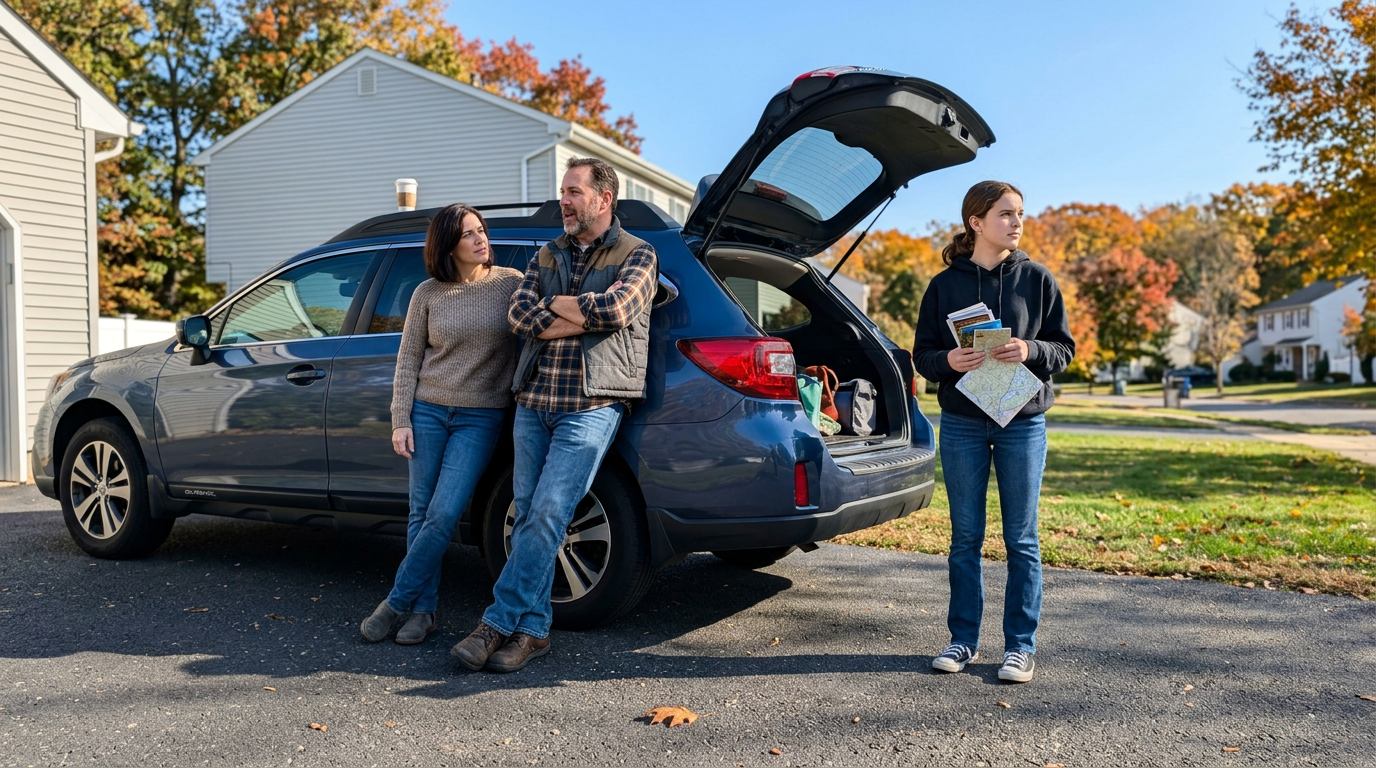 A gray crossover SUV with its rear hatch open sits on a suburban driveway, showing bags and packed items in the cargo area. Three adults stand beside it in casual fall clothing, with a gray house, green lawn, and autumn trees in the background under bright daylight.