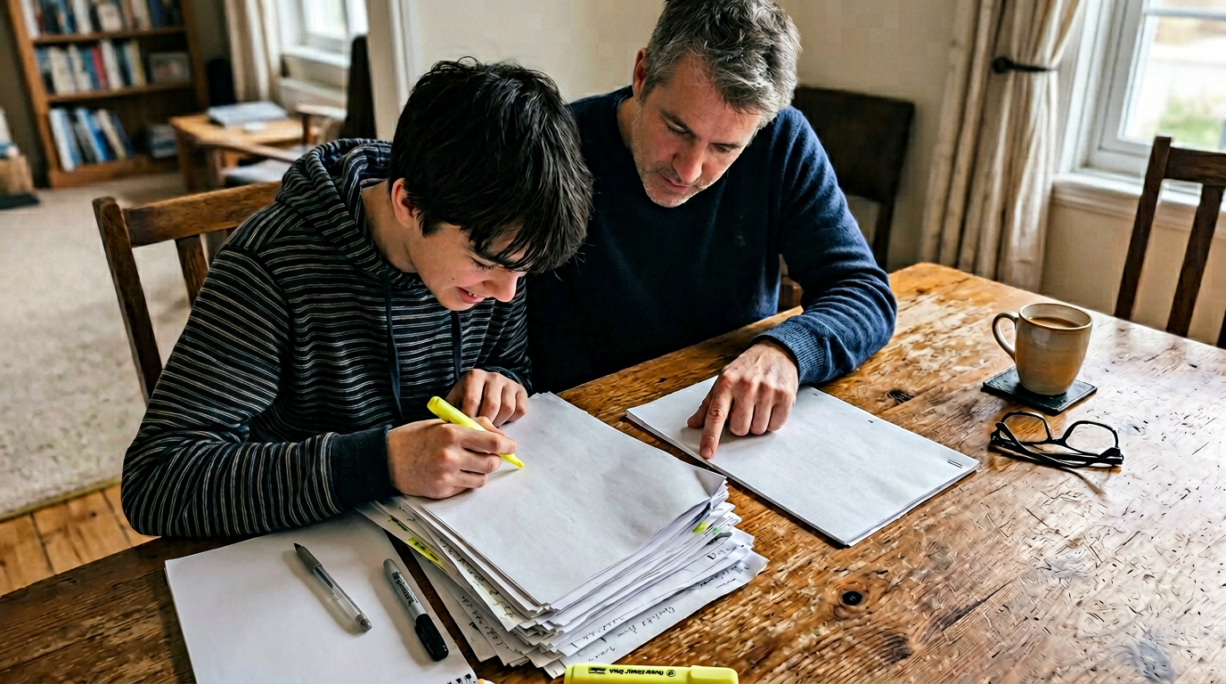 A man and a boy sit at a rustic wooden table, working together over stacks of paper. The boy writes with a yellow highlighter while the man points to a separate sheet, with pens, glasses, and a mug arranged nearby in soft daylight.