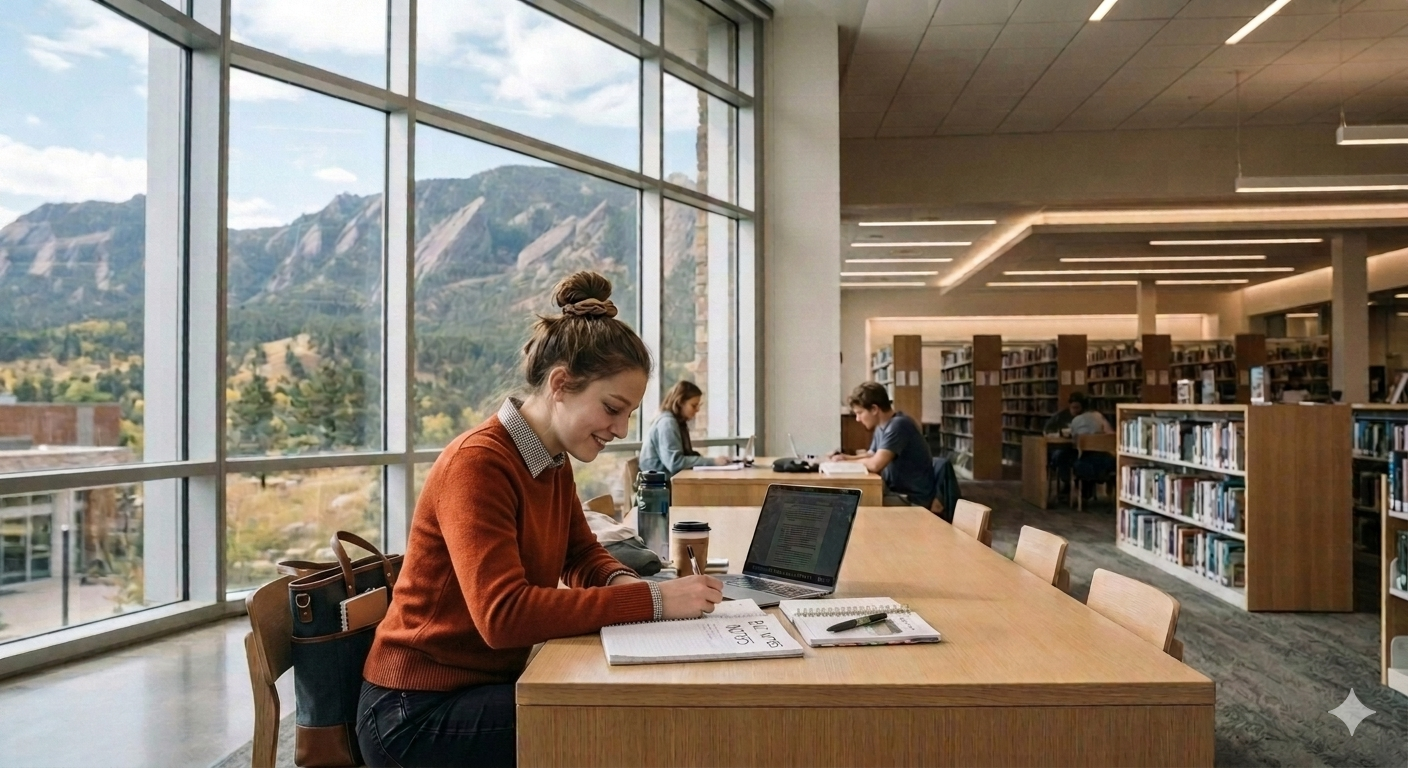 A woman in a rust-colored sweater writes at a long wooden library table beside an open laptop and notebook. Floor-to-ceiling windows line the left side, revealing mountains and trees beyond, while bookshelves and other seated readers recede into the softly lit background.