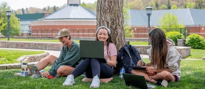 Three students sit beneath a large tree on a grassy campus lawn, each working on a laptop and notebook. A brick building and tall clocktower rise in the background, while soft daylight and spring greenery create a relaxed outdoor study scene.