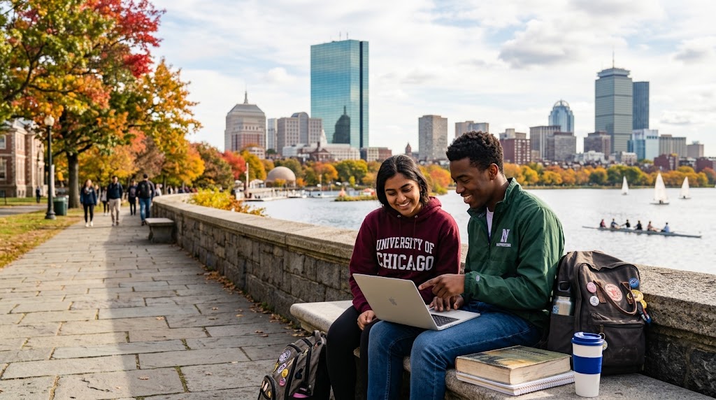 Two students sit on a stone ledge by a lakeside path, using a laptop beside stacked books, a backpack, and a coffee cup. Autumn trees line the promenade, while a city skyline rises across the water under soft daylight.
