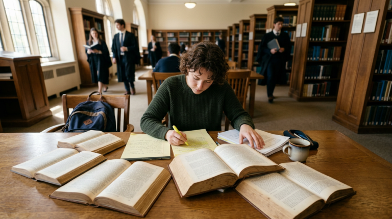 How to Apply to Williams College A student with curly hair in a dark green sweater studies at a wooden table covered with open books, loose papers, and a notebook in a quiet library. Tall shelves, arched windows, and a few blurred students in the background create a warm, academic setting.