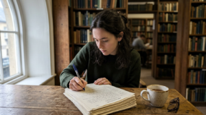 A young woman in a dark green sweater writes in a stack of papers at a rustic wooden table, with a speckled ceramic mug and folded glasses beside her. Shelves of books fill the softly lit library behind her, while daylight from a large arched window brightens the scene with a quiet, studious mood.