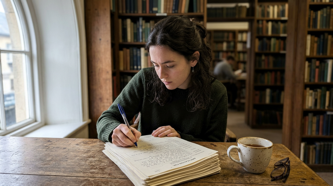 A young woman in a dark green sweater writes in a stack of papers at a rustic wooden table, with a speckled ceramic mug and folded glasses beside her. Shelves of books fill the softly lit library behind her, while daylight from a large arched window brightens the scene with a quiet, studious mood.