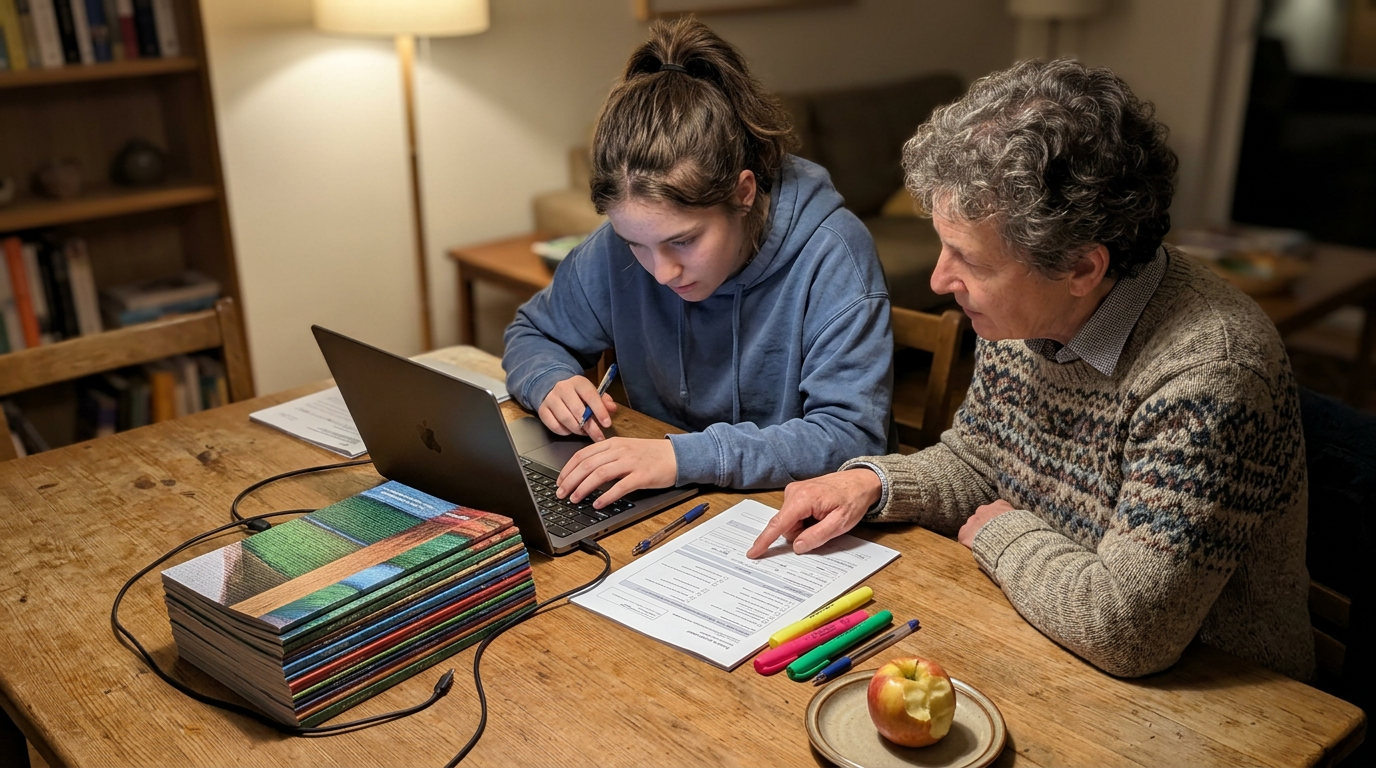 A young woman in a blue hoodie works on a laptop beside an older woman in a patterned sweater, both leaning over printed papers at a wooden table. A stack of colorful books, bright markers, and a halved apple add texture to the foreground, while warm lamp light softens the cozy room.