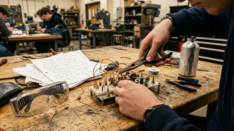 Colorado School of Mines and the Student Experience A person assembles a small electronic circuit on a worn wooden workbench, using needle-nose pliers to shape thin copper wires around a compact component board. Safety goggles, printed schematics, and hand tools are scattered in the foreground, while a workshop with benches and equipment recedes softly in the background under warm industrial light.