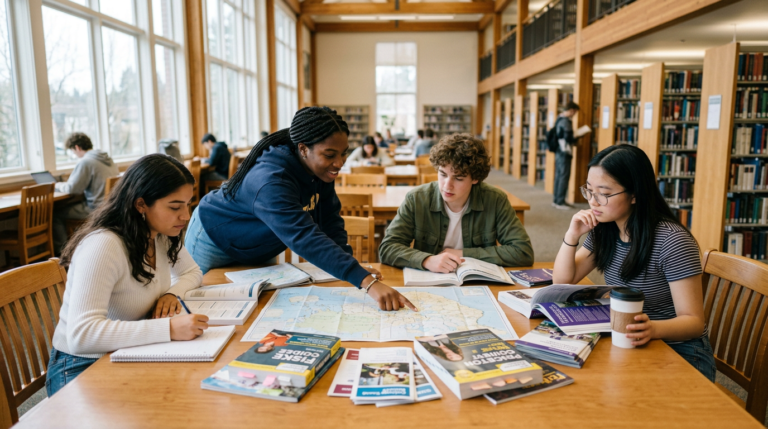 A group of students studies around a large wooden table in a bright library, with one woman leaning over a spread of maps and books while others write in notebooks. Tall windows, rows of shelves, and warm wood beams frame the scene, with soft daylight filling the airy interior.