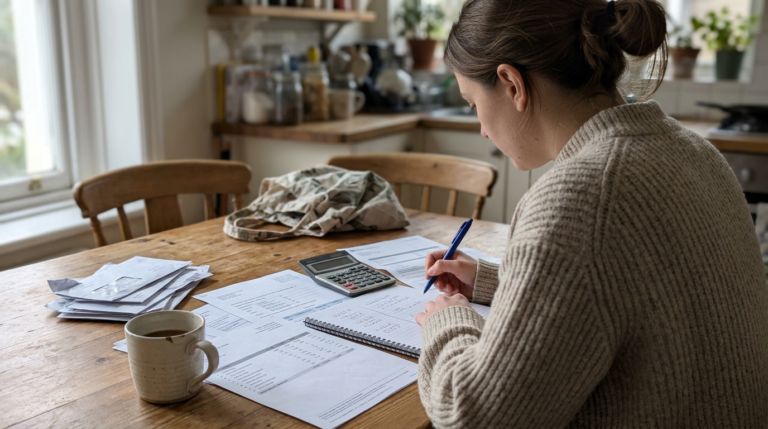 A woman in a beige knit sweater sits at a wooden kitchen table, writing on printed forms beside a calculator, a mug, and a stack of papers. Soft daylight from the window and muted kitchen tones create a quiet, domestic workspace.