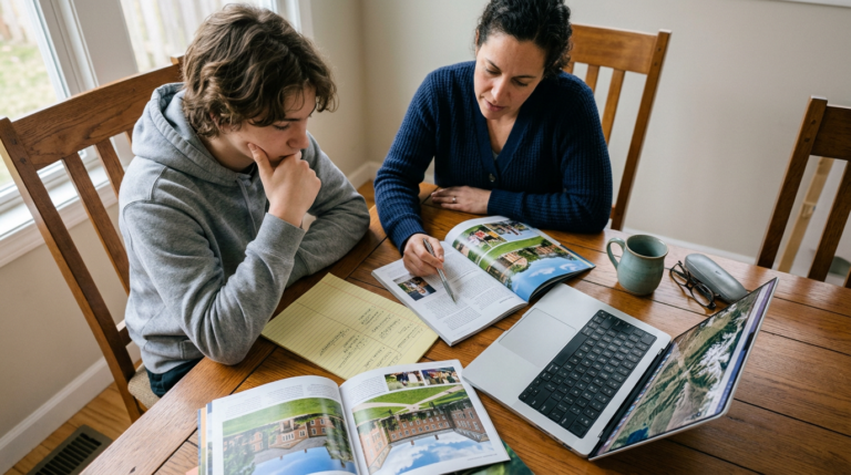 A woman and a young man review open brochures and documents at a wooden dining table beside an open laptop. Natural daylight from a nearby window brightens the warm wood tones, pale walls, and neatly arranged papers, creating a focused, home-office feel.