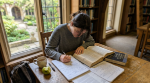 A young woman in a gray sweater leans over a wooden table, writing in a notebook surrounded by open books, loose notes, a mug, and a green apple. Large windows, bookshelves, and soft daylight create a quiet study scene with warm natural tones.