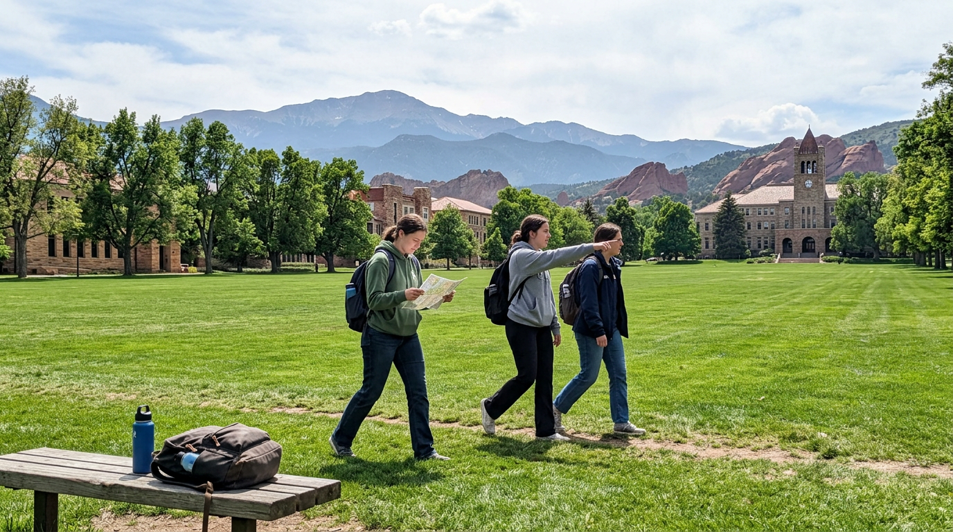 Three students walk across a broad green campus lawn, one studying a folded map while another points ahead. A wooden bench with a backpack and water bottle rests in the foreground, and brick academic buildings and distant mountains rise under soft daylight.