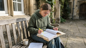 How to Apply to Middlebury College A young woman in a green hoodie studies on a weathered wooden bench, marking notes in an open binder beside a ceramic mug and loose papers. Set against a stone courtyard with ivy and old windows, the scene is lit by soft daylight in muted earthy tones.