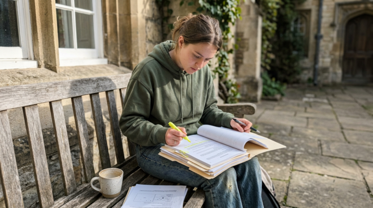 A young woman in a green hoodie studies on a weathered wooden bench, marking notes in an open binder beside a ceramic mug and loose papers. Set against a stone courtyard with ivy and old windows, the scene is lit by soft daylight in muted earthy tones.