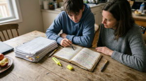 How Do Colleges Evaluate Transcripts A teenage boy in a blue hoodie studies an open, heavily annotated notebook while a woman in a gray sweater leans beside him across a weathered wooden table. Stacks of papers, two highlighters, and pens frame the scene in soft daylight, creating a warm, lived-in study setting.