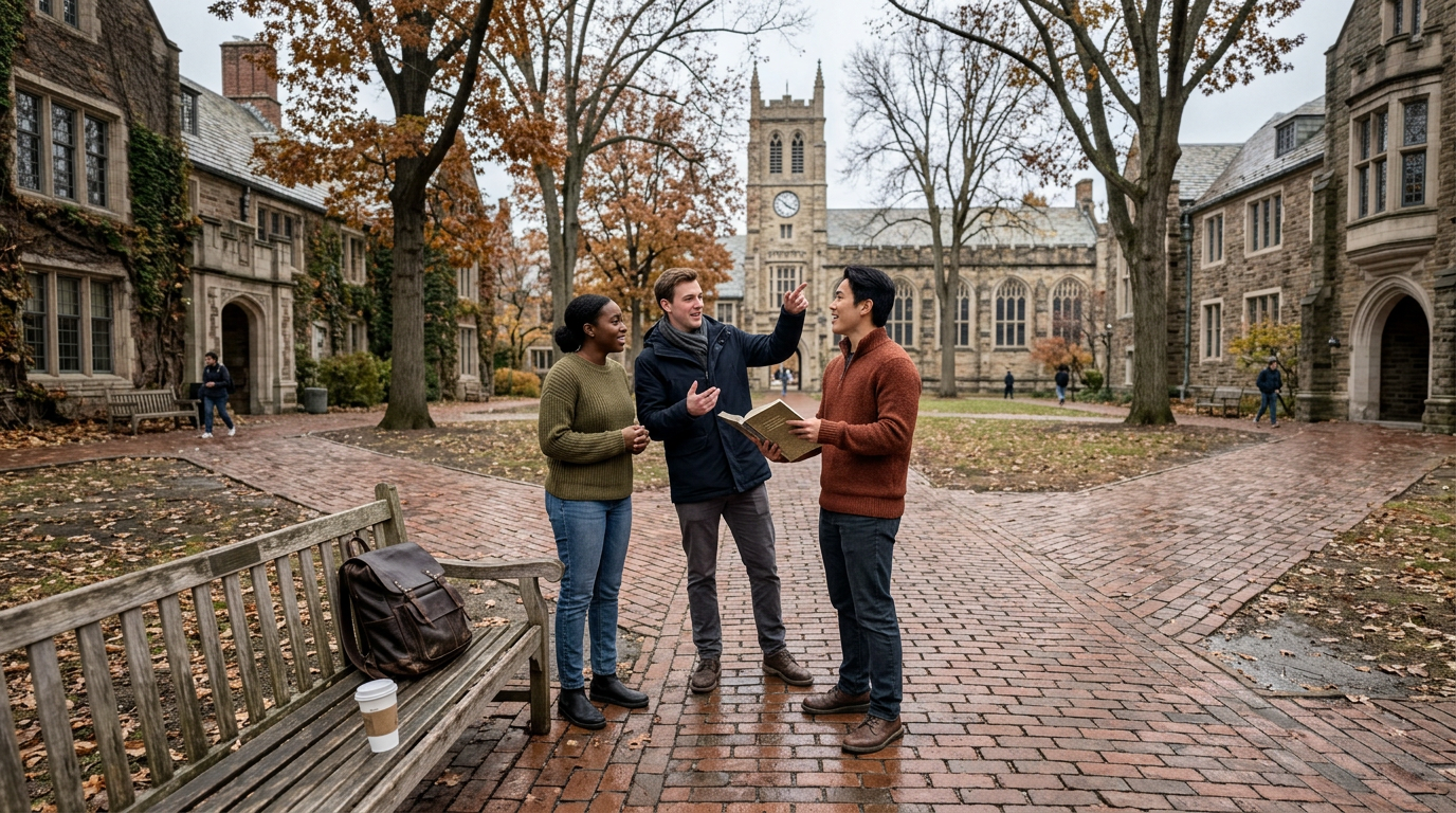 Three people stand on a wet brick courtyard outside a stone university building, with a clock tower centered in the background. One man gestures while the others hold notebooks, and a wooden bench with a backpack and coffee cup sits in the foreground beneath bare autumn trees.