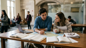 How to Apply to Tufts University Two students study a large map spread across a wooden table, surrounded by open textbooks, a laptop, notebooks, and a pen. In the softly lit library or atrium setting, other students move in the background beside glass walls and stone arches, creating a calm academic atmosphere.