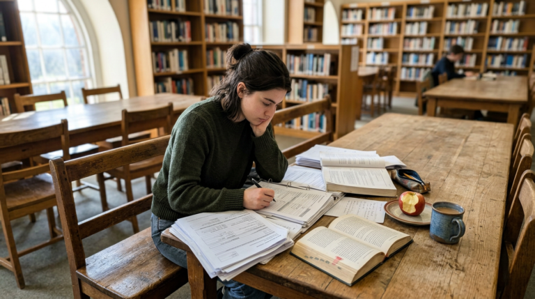 A young woman in a dark green sweater studies at a long wooden table in a library, surrounded by open books, loose papers, and a pencil case. Shelves of books fill the background, while soft daylight from tall windows warms the worn wood and creates a quiet, studious atmosphere.