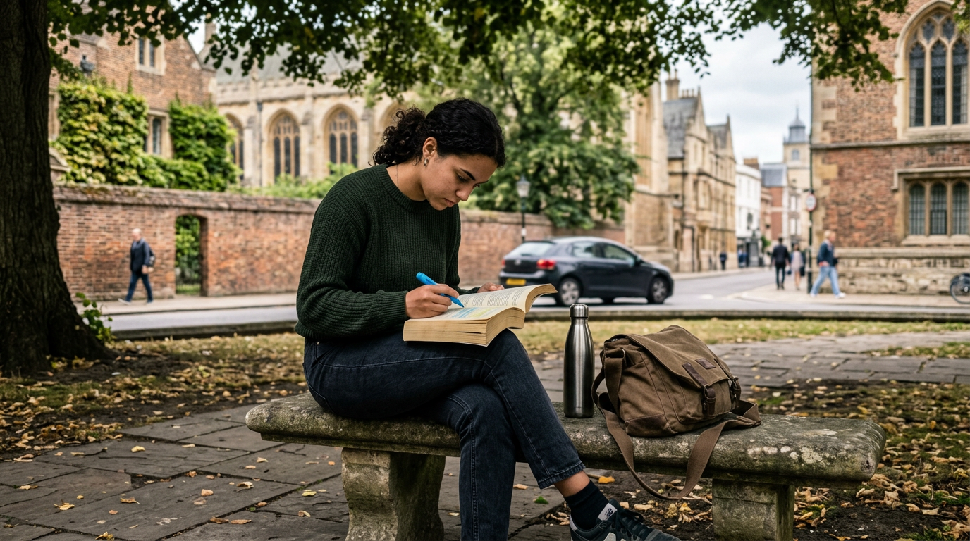 A woman in a dark green sweater sits on a weathered stone bench, writing in an open book beside a brown backpack and metal bottle. The scene is framed by leafy branches, with a brick wall, parked car, and historic stone buildings receding into the background under soft daylight.