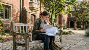 A young woman in a dark green cardigan and jeans sits on a weathered wooden bench, reading an open stack of papers beside a beige backpack. Set in a cobblestone courtyard with brick buildings, leafy trees, and soft daylight, the scene feels quiet and studious.