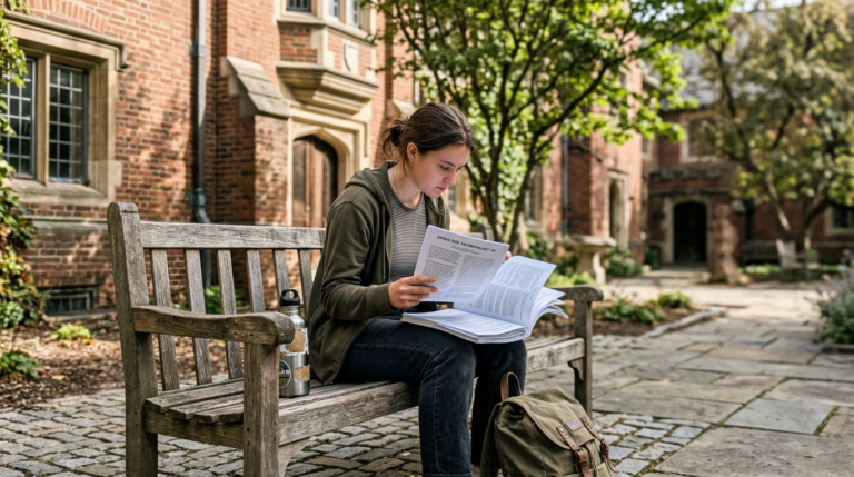 A young woman in a dark green cardigan and jeans sits on a weathered wooden bench, reading an open stack of papers beside a beige backpack. Set in a cobblestone courtyard with brick buildings, leafy trees, and soft daylight, the scene feels quiet and studious.