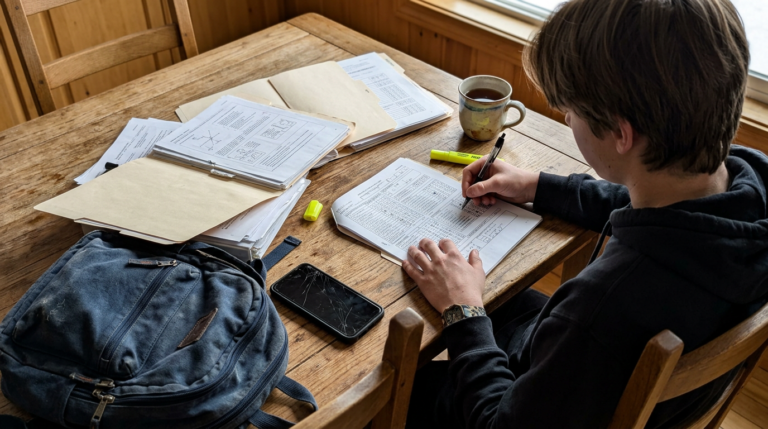 A young person writes in a workbook at a rustic wooden table covered with study papers, folders, a smartphone, a backpack, and a mug. Warm daylight from the window illuminates the scene, highlighting the worn wood grain and creating a quiet, focused study setting.