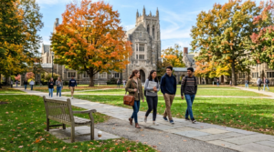 Four students walk along a stone path across a leafy campus, one carrying papers and another a leather bag. A wooden bench sits in the foreground, while a Gothic stone building rises behind them amid trees glowing with autumn color under soft daylight.