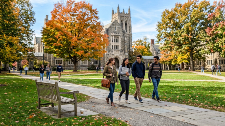 Four students walk along a stone path across a leafy campus, one carrying papers and another a leather bag. A wooden bench sits in the foreground, while a Gothic stone building rises behind them amid trees glowing with autumn color under soft daylight.