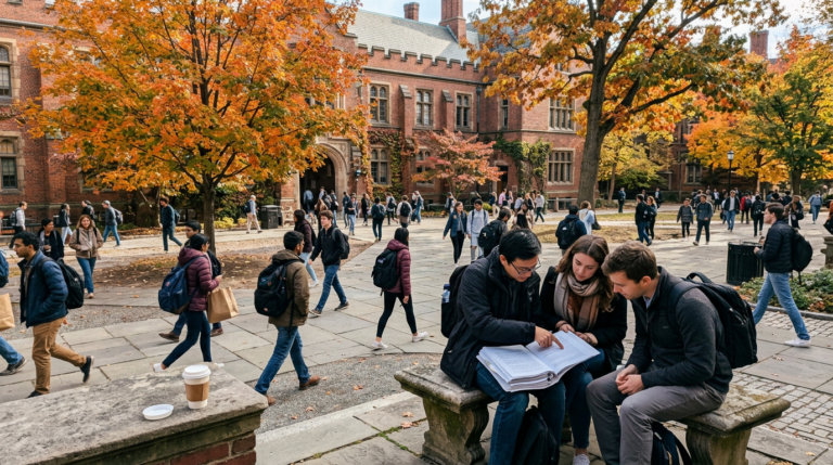 A busy university courtyard lined with red brick buildings and arched stone entrances, framed by tall trees in vivid autumn foliage. Students and pedestrians cross the paved square in the foreground and midground, while two people sit on a stone bench studying an open book; soft daylight and warm orange leaves create a lively fall atmosphere.