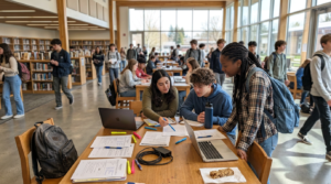How to Apply to Clemson Students gather around a wooden table in a bright library, studying with open laptops, printed papers, and colorful highlighters. Tall windows, rows of bookshelves, and other students in the background create an airy, busy academic setting.