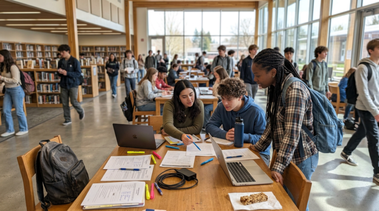 Students gather around a wooden table in a bright library, studying with open laptops, printed papers, and colorful highlighters. Tall windows, rows of bookshelves, and other students in the background create an airy, busy academic setting.