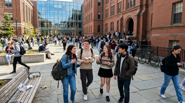 Applying to SEC Schools From the Northeast Students gather in a brick university courtyard, with four young adults walking and talking in the foreground. Benches, bicycles, and scattered groups fill the open stone plaza, while tall red-brick buildings and a glass facade frame the scene in bright daylight.